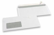 Vensterenveloppen wit budget, 110 x 220 mm, 80 grs., venster links 45 x 90 mm, 20 mm van links, 15 mm van onder, stripsluiting | PIT Packaging.nl | Enveloppenland