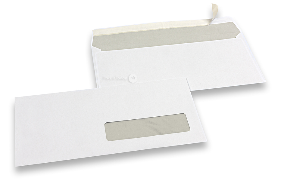 Vensterenveloppen, wit, 110 x 220 mm (EA 5/6), venster rechts 30 x 100 mm, 15 mm van rechts en 20 mm van  onder, stripsluiting, 80 grams