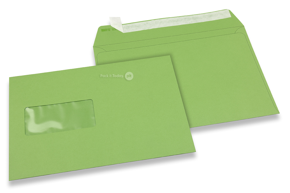 Appelgroen, vensterenveloppen gekleurd, 162 x 229 mm (A5), venster links, vensterformaat 45 x 90 mm, vensterpositie 20 mm van links / 60 mm van onder, stripsluiting, 120 grams gekleurd papier