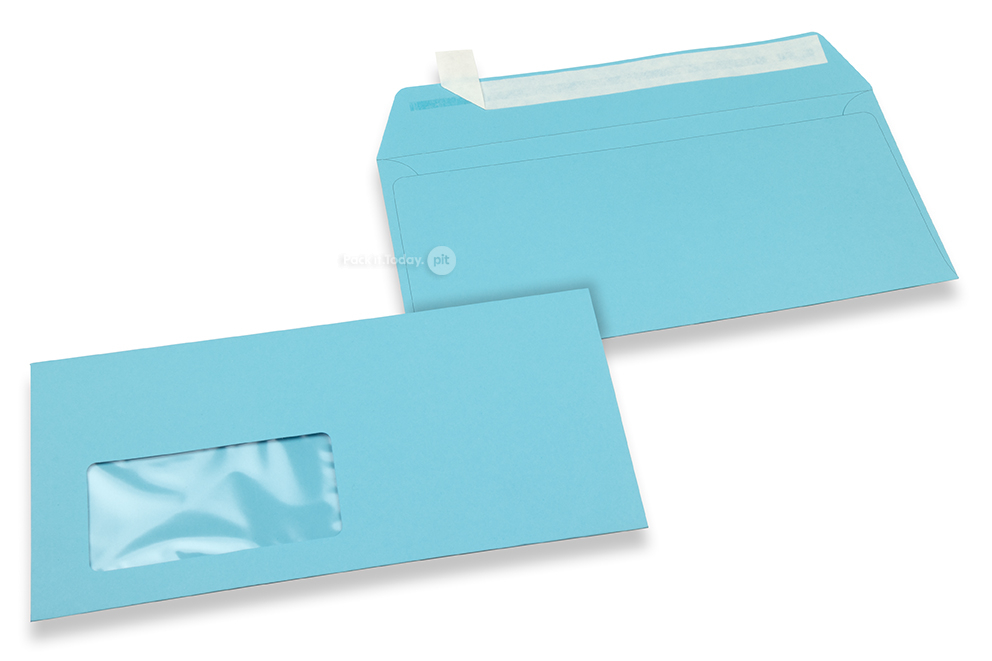 Hemelsblauw, vensterenveloppen gekleurd, 110 x 220 mm (DL), venster links, vensterformaat 45 x 90 mm, vensterpositie 20 mm van links / 15 mm van onder, stripsluiting, 120 grams gekleurd papier