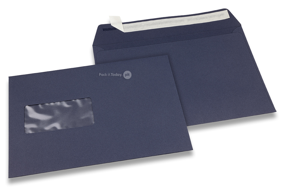 Donkerblauw, vensterenveloppen gekleurd, 162 x 229 mm (A5), venster links, vensterformaat 45 x 90 mm, vensterpositie 20 mm van links / 60 mm van onder, stripsluiting, 120 grams gekleurd papier