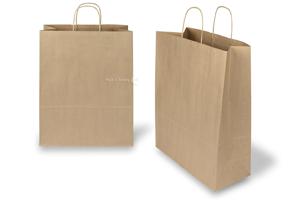 Papieren draagtassen gedraaide handgreep - bruin, 320 x 140 x 420 mm, 100 gr