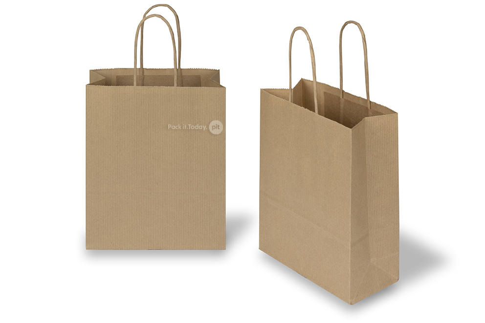 Papieren draagtassen gedraaide handgreep - bruin gestreept, 180 x 80 x 220 mm, 90 gr