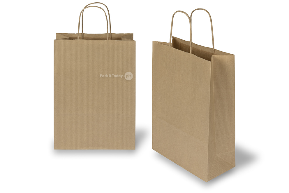 Papieren draagtassen gedraaide handgreep - bruin gestreept, 220 x 100 x 310 mm, 90 gr