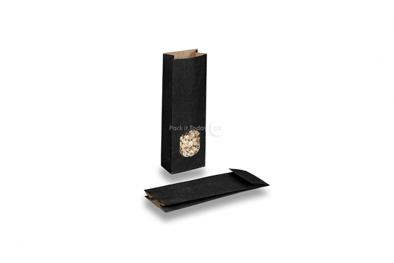 Blokbodemzakjes papier zwart - 70 x 40 x 205 mm met venster, 100 ml