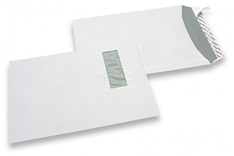 Vensterenveloppen, wit, 220 x 312 mm (EA4), venster links 40 x 110 mm, vensterpositie 20 mm van links en 50 mm vanaf boven, 120 grams, stripsluiting, gewicht per stuk ca. 18 gr.