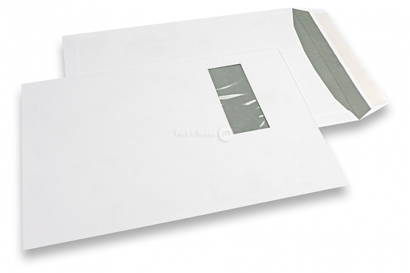 Vensterenveloppen, wit, 240 x 340 mm (EC4), venster links 45 x 110 mm, 25 mm van links en 70 mm van boven,  120 grams, stripsluiting, gewicht per stuk ca. 21 gr.