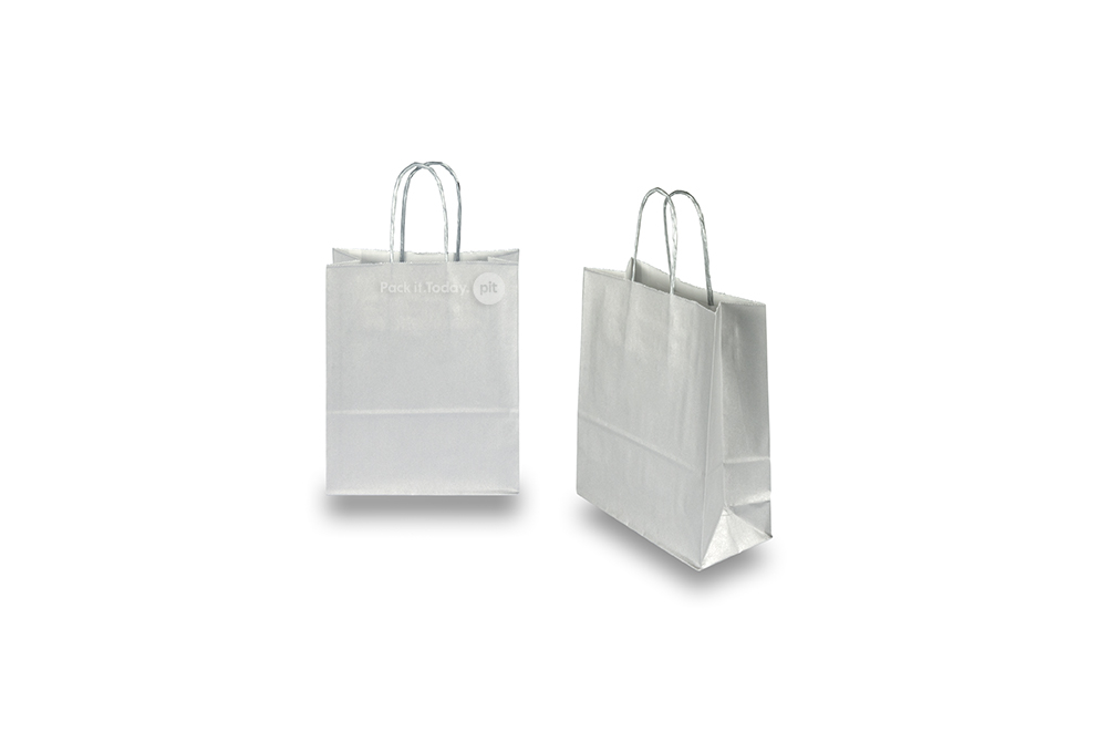 Papieren draagtassen gedraaide handgreep - zilver, 180 x 80 x 220 mm, 90 gr