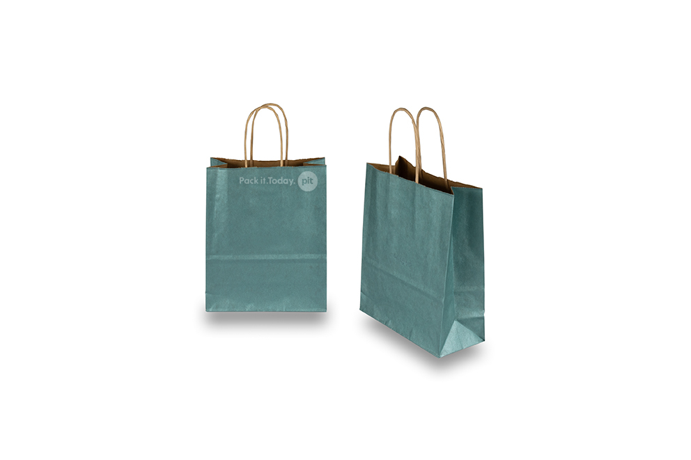 Papieren draagtassen gedraaide handgreep - metallic petrol, 180 x 80 x 220 mm, 90 gr
