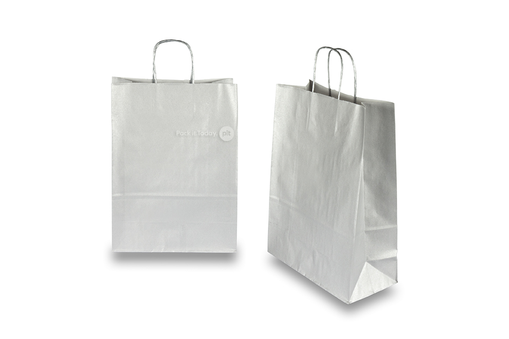Papieren draagtassen gedraaide handgreep - zilver, 260 x 120 x 350 mm, 90 gr