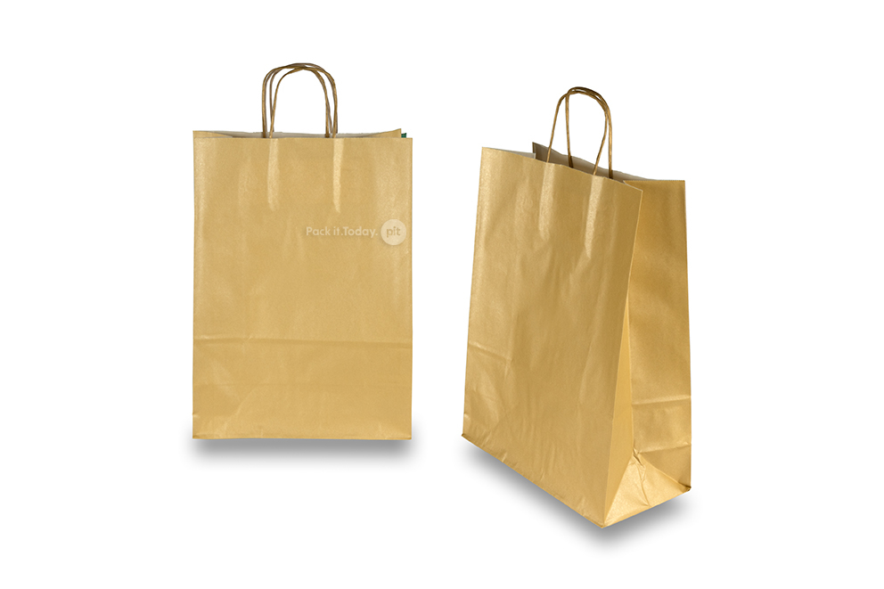 Papieren draagtassen gedraaide handgreep - goud, 260 x 120 x 350 mm, 90 gr