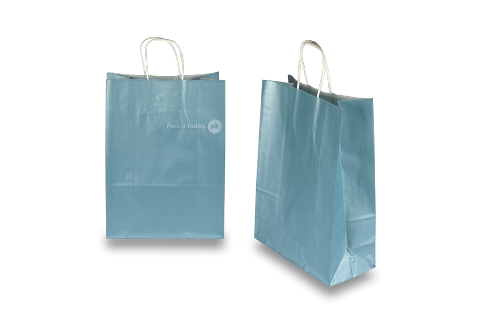 Papieren draagtassen gedraaide handgreep - metallic blauw, 260 x 120 x 350 mm, 90 gr
