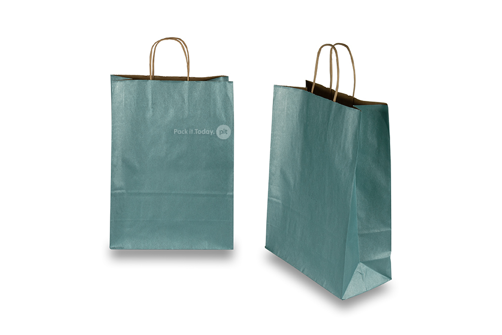 Papieren draagtassen gedraaide handgreep - metallic petrol, 260 x 120 x 350 mm, 90 gr
