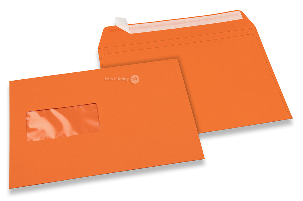 Oranje, vensterenveloppen gekleurd, 162 x 229 mm (A5), venster links, vensterformaat 45 x 90 mm, vensterpositie 20 mm van links / 60 mm van onder, stripsluiting, 120 grams gekleurd papier