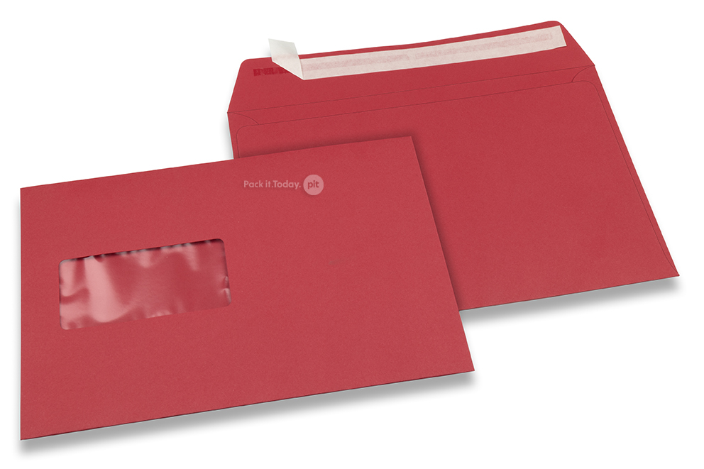 Rood, vensterenveloppen gekleurd, 162 x 229 mm (A5), venster links, vensterformaat 45 x 90 mm, vensterpositie 20 mm van links / 60 mm van onder, stripsluiting, 120 grams gekleurd papier